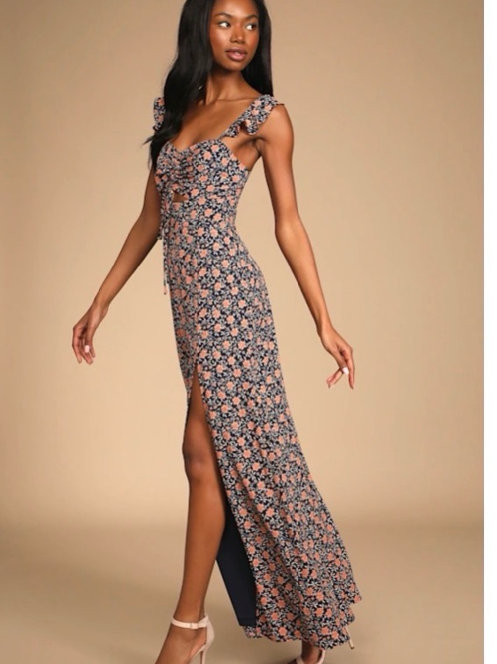 Lulu's Navy Blue Floral Print Ruffle Strap Maxi Dress with Peach Blooms